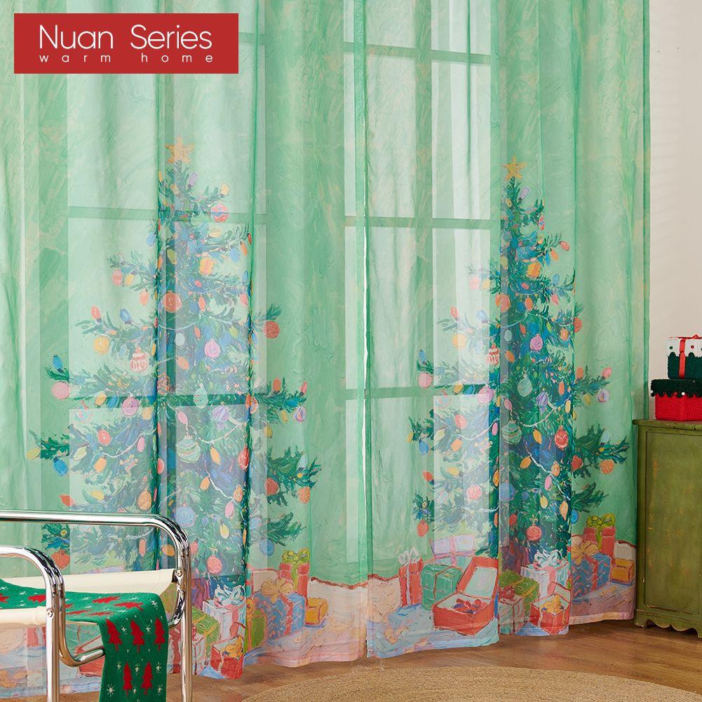 1PC Nuan Series Christmas Style Sheer Curtain Colorful Christmas Tree Print Tulle Curtain for Kitchen Bedroom and Living Room Home Decor