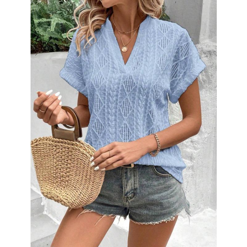 Καλοκαιρινό γυναικείο πουκάμισο Casual Hollow Jacquard V γιακά Φαρδύ κοντομάνικο