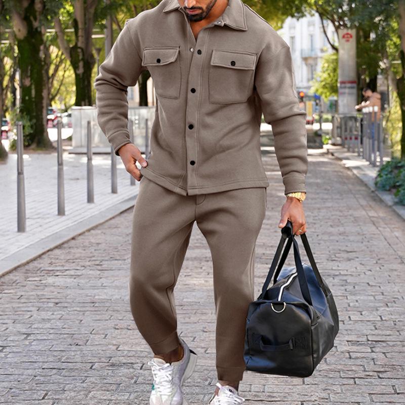 Men's Slim Fit Suede Jacket and Pants Set - Solid Color, Single-breasted, Autumn/Winter European Style.