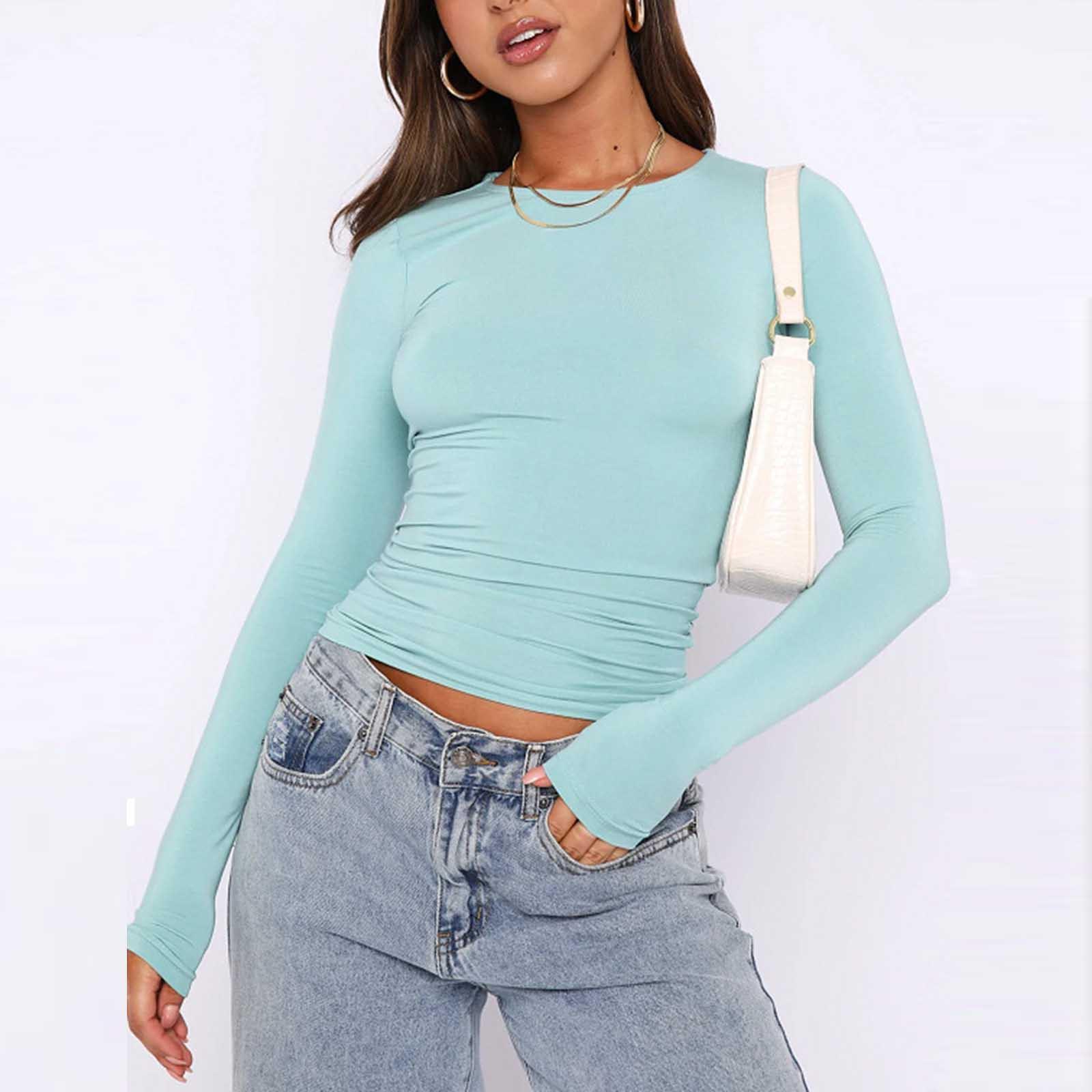 

Женская модная однотонная футболка с круглым вырезом и длинными рукавами, топ S светло-синий