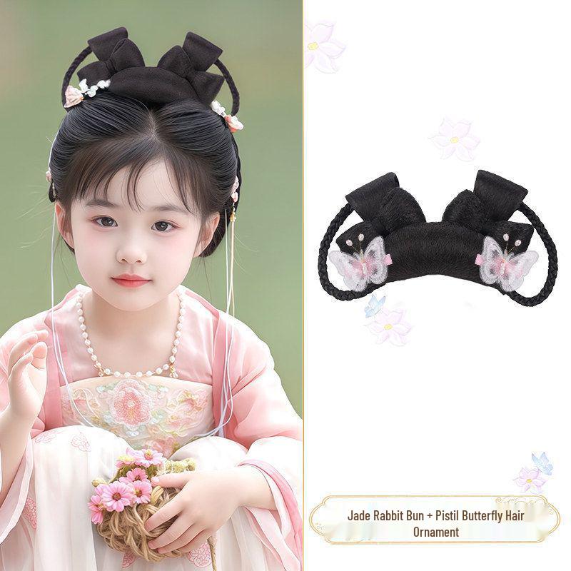 Jade Rabbit Hanfu Wig: Children's Ancient Style Tang Dynasty Updo with Hair Padding and Bun Headdress