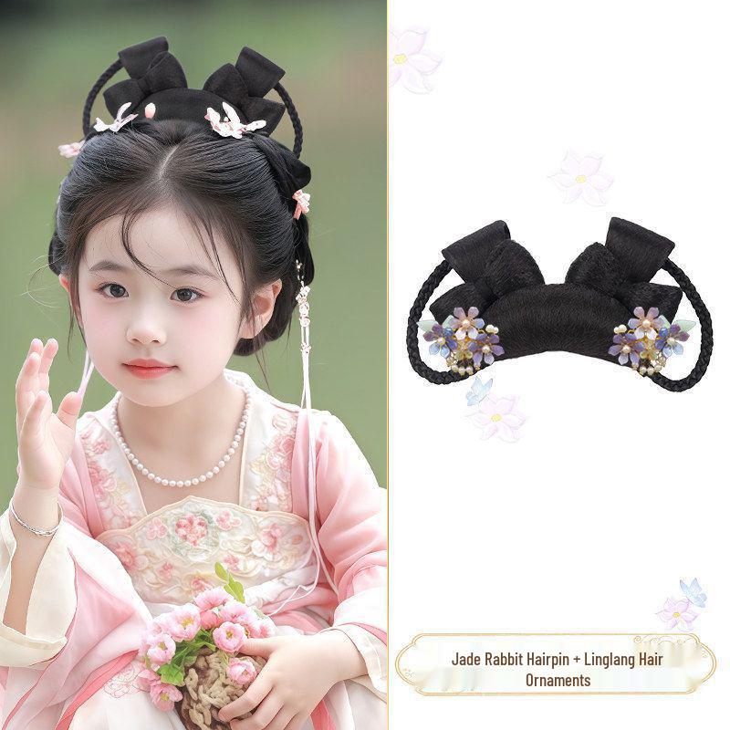 Jade Rabbit Hanfu Wig: Children's Ancient Style Tang Dynasty Updo with Hair Padding and Bun Headdress