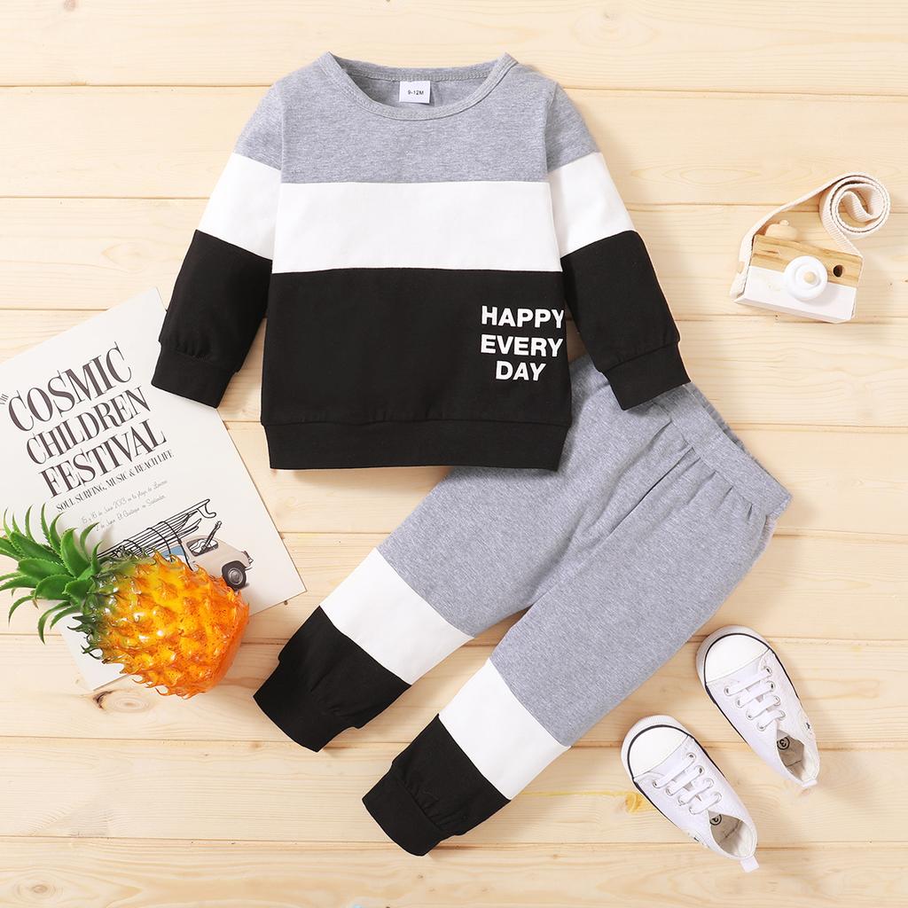 Kids Children's HAPPY Letter Color Matching Stitching Round Neck Long-sleeved Two-piece Children's Clothing Baby Suit