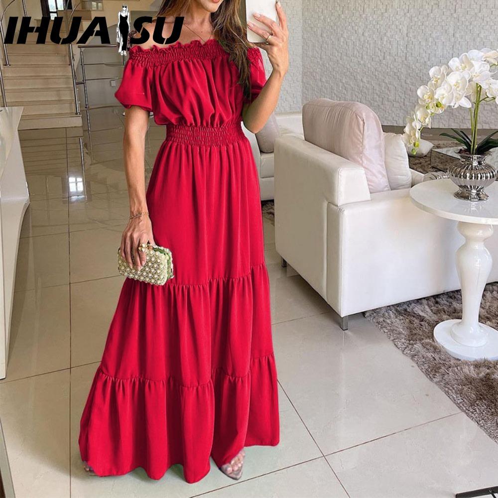 

IHUASU Длинное платье с открытой спиной и эластичной талией Популярный богемный стиль с открытыми плечами L красный