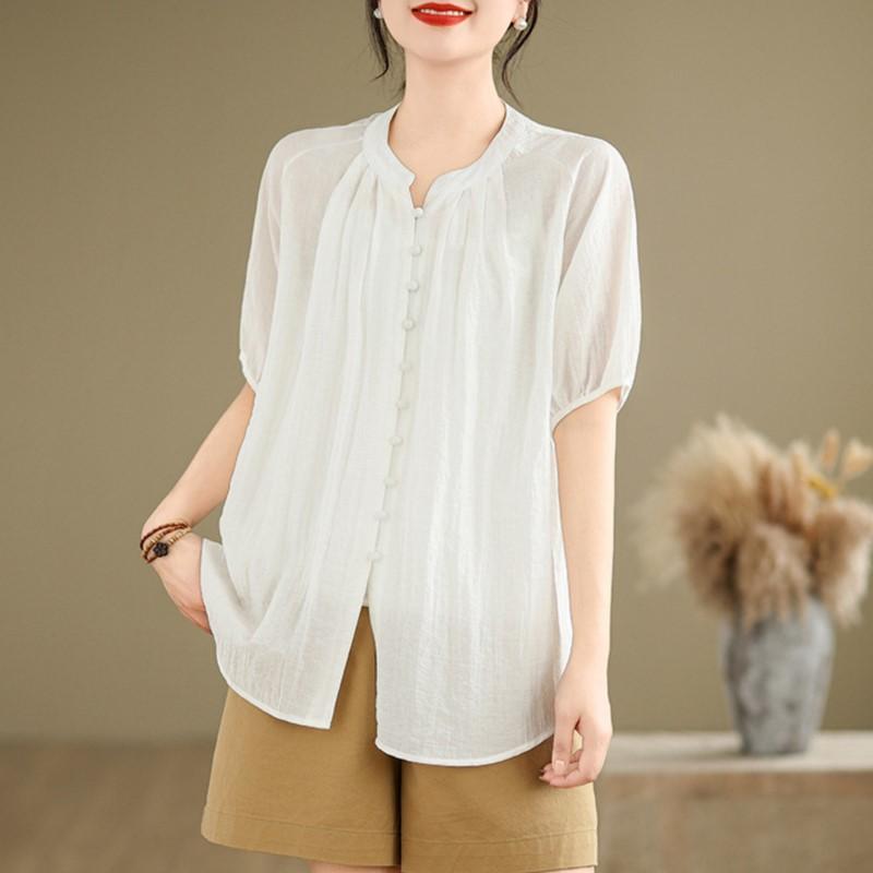 Johnature Summer Thin Simple Solid Color Women Tops Casual O-neck Short Sleeve Button Loose All Match Shirts