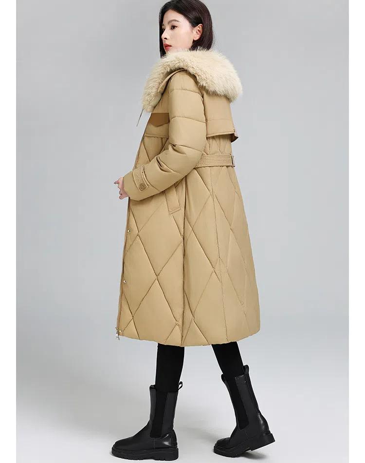 Stor størrelse Høst og vinter damefrakk ensfarget pelskrage midje slanking mellomlang fortykket vindtett damejakke