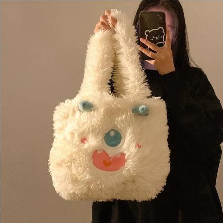 Cute Little Monster Dopamine Plush Shoulder Bag Women Large Capacity Creative Underarm Tote 34x26cm белый