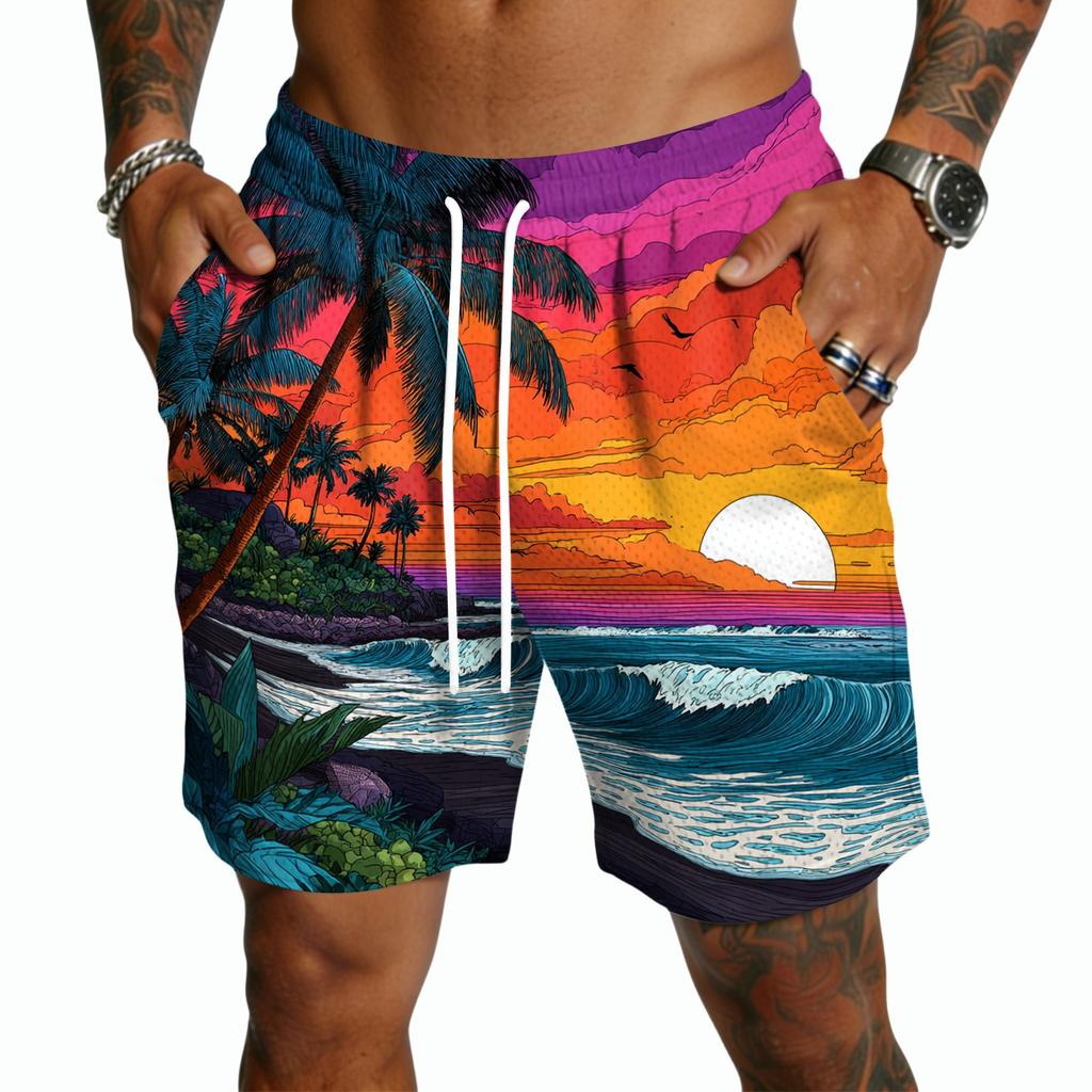 Mens Casual Drawstring Shorts Lightweight Quick Dry Five Inch Shorts with Elastic Waistband and Hawaiian Print for Summer Beachwear