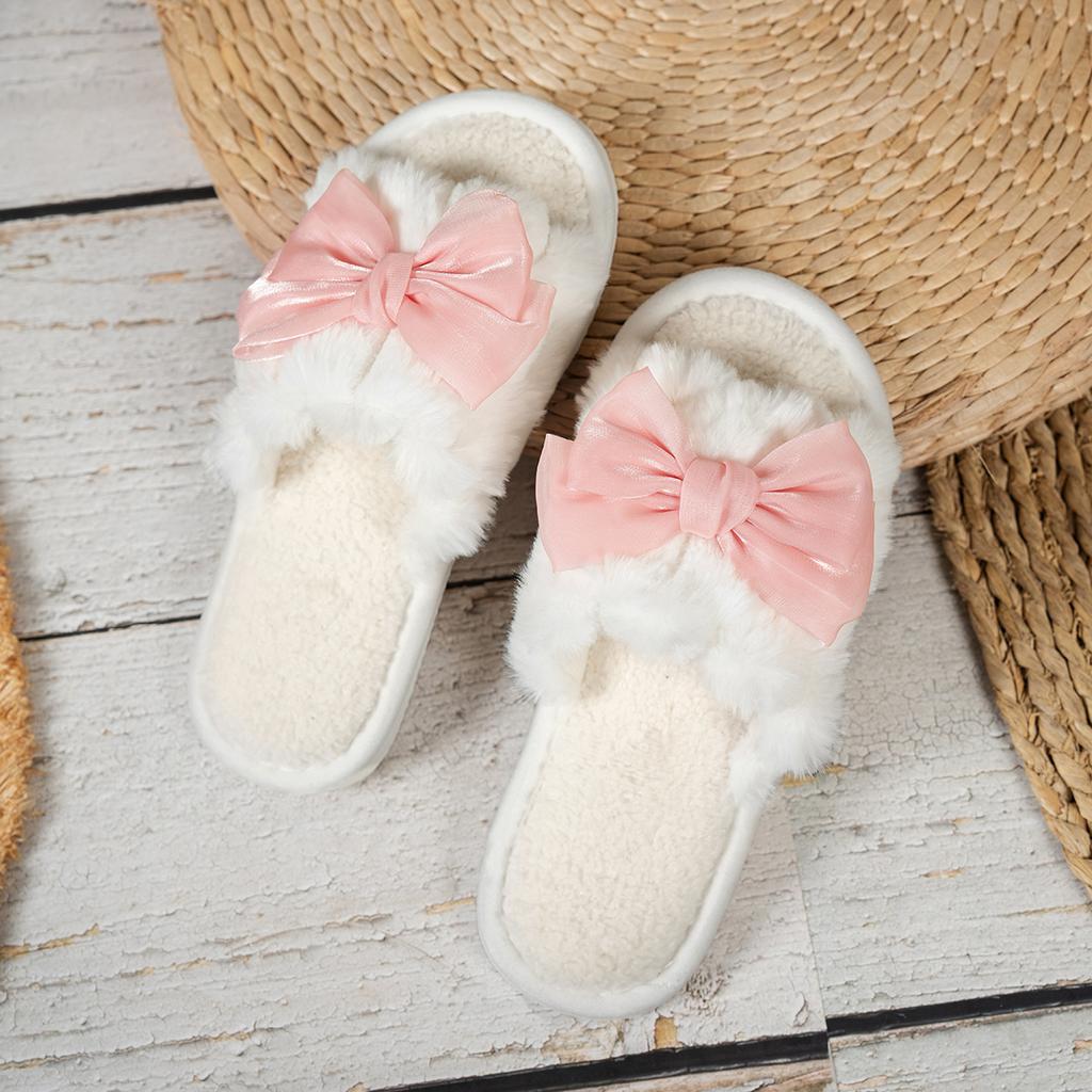 Bows Open Furry Slippers Women's Autumn and Winter Warm Slippers Fashion Slippers Indoor Living Room Slippers