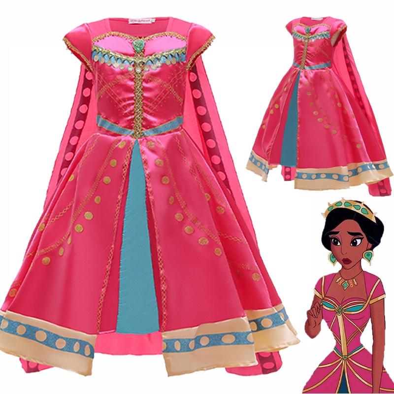 Fortryllende Aladdin Prinsesse Jasmine Flot Roserød Kjole Med Elegant Kappe Til Børn