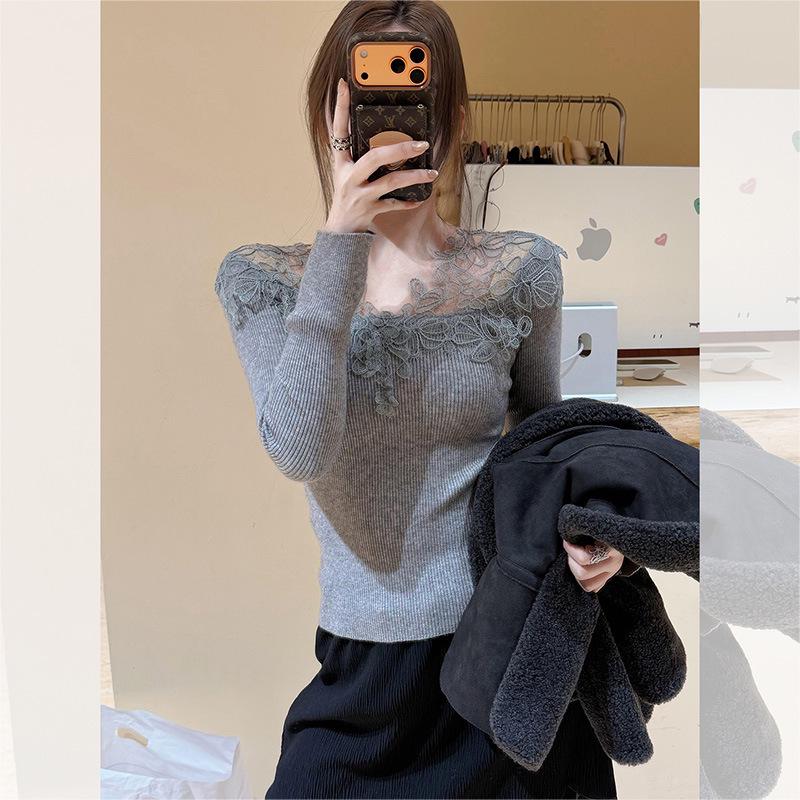 Women's Lace Trim Slim Fit Low-Neck Top - Autumn/Winter Fashion