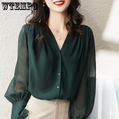 Long Sleeved Shirt for Women Spring and Autumn French V-neck Design Loose Chiffon Shirt for Women