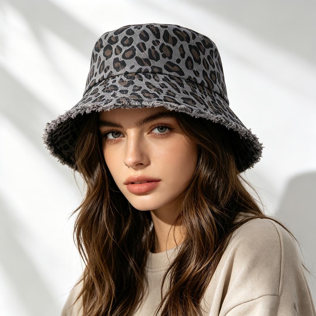 Women'S Spring Summer Multi-Color Optional Leopard Print Scalloped Fisherman Hat, Fashion Casual Sun Hat for Outdoor Travel