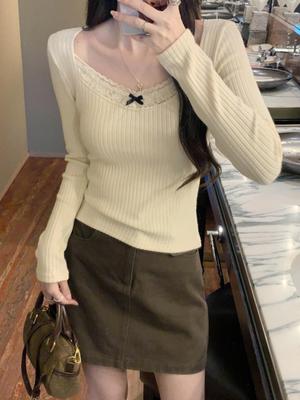 Women's Lace Bow Base Layer Top, Long-Sleeve Slim Fit, Flattering Shoulders - Perfect for Autumn/Winter Wear