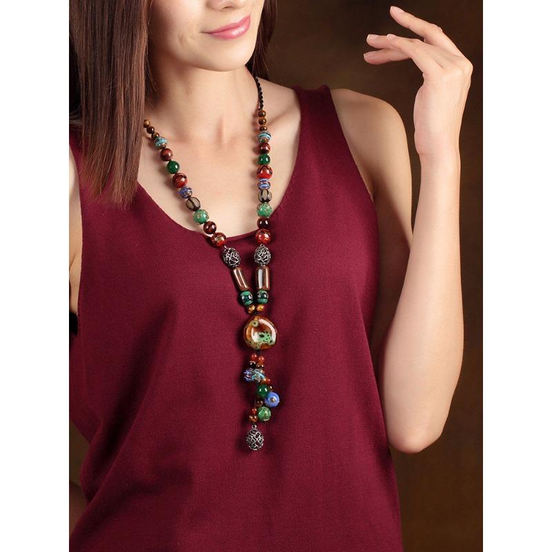 Sweater Chain Long Style Characteristic High-end Boutique Ceramic Hanging Chain Decoration Glazed Characteristic Necklace Ethnic Style Retro Women