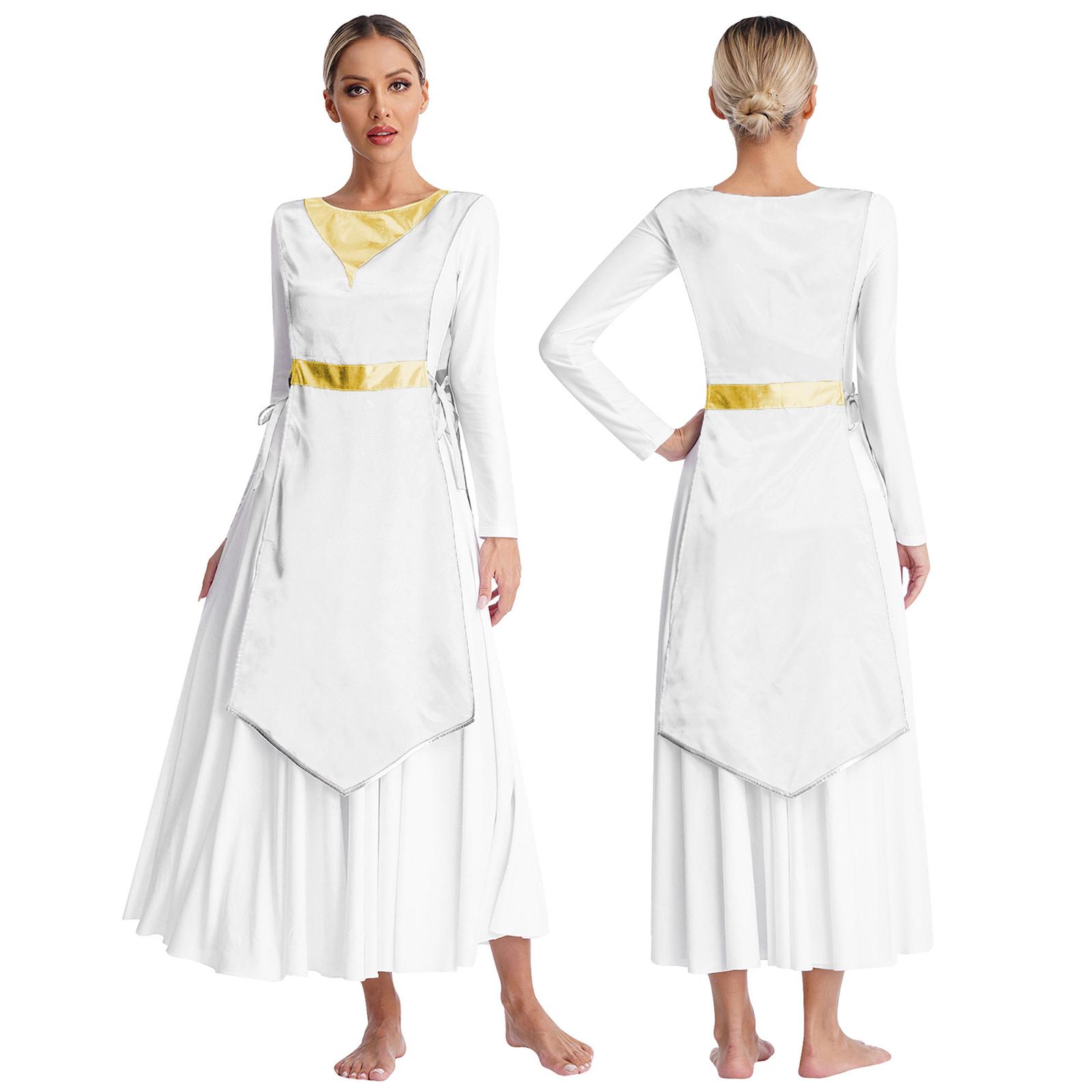 

Жіноча церковна богослужбова ряса, хор, туніка, металева клаптева сукня зі шнурівкою з боків, танцювальний одяг L білий