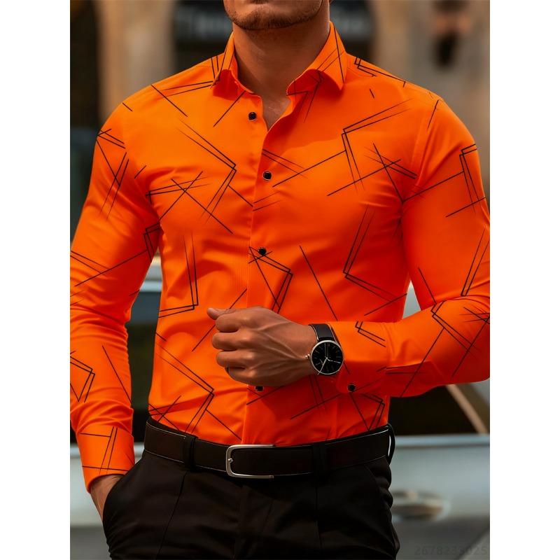 Herren Trendiges geometrisches Linienmuster Langarmhemd Business Casual Mode Design Slim Fit Bügelfrei Vielseitig Ins Style Hemd