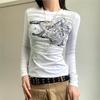 2025 Slimming Y2K Retro Print Long Sleeve Women’s Round Neck Slim Fit Trendy Streetwear Top