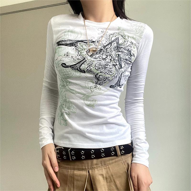 2025 Slimming Y2K Retro Print Long Sleeve Women’s Round Neck Slim Fit Trendy Streetwear Top