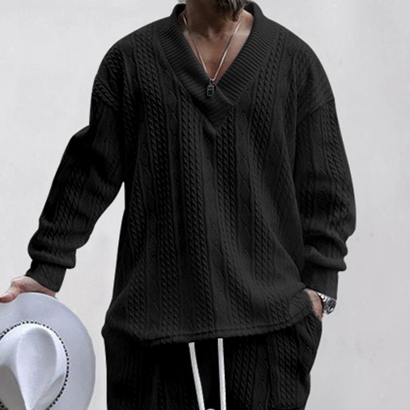 Autumn/Winter Men's Jacquard Loose Knitted Solid Color Casual V-neck Long Sleeve Knitted Shirt