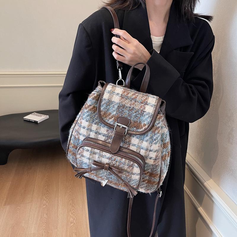 2025 New Contrasting Color Backpack Fashion Gradual Change Plaid College Bag Suede Retro Shoulder Backpack