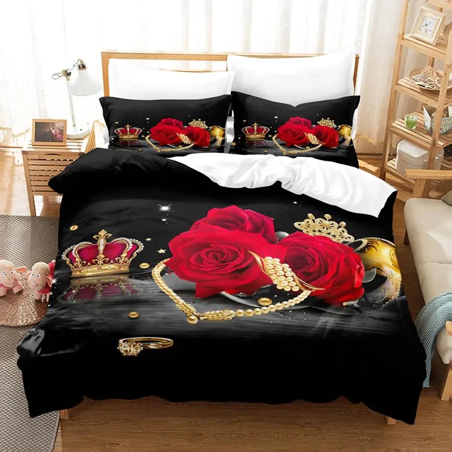 Comforter Red Roses Queen Size King Full 3D Bedding Sets Flower Quilt Linens Single Double Bed