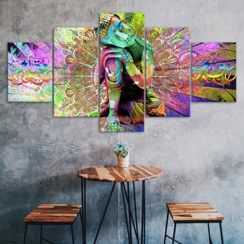 Abstract Buddha Thinking Vivid Psychedelic Scenery 5 Piece Five Panel Wall Canvas Print Modern Art Poster Home Decor Gift For Him For Her