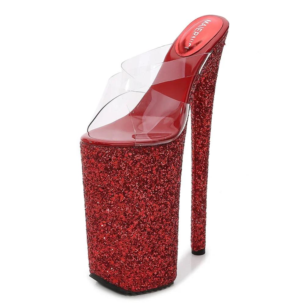 Fashion Fashion Models Transparent Sexy Slippers 2024 Summer New Women Sequins Platform High Heels Shoes 26CM Stilettos Sandals Ladies