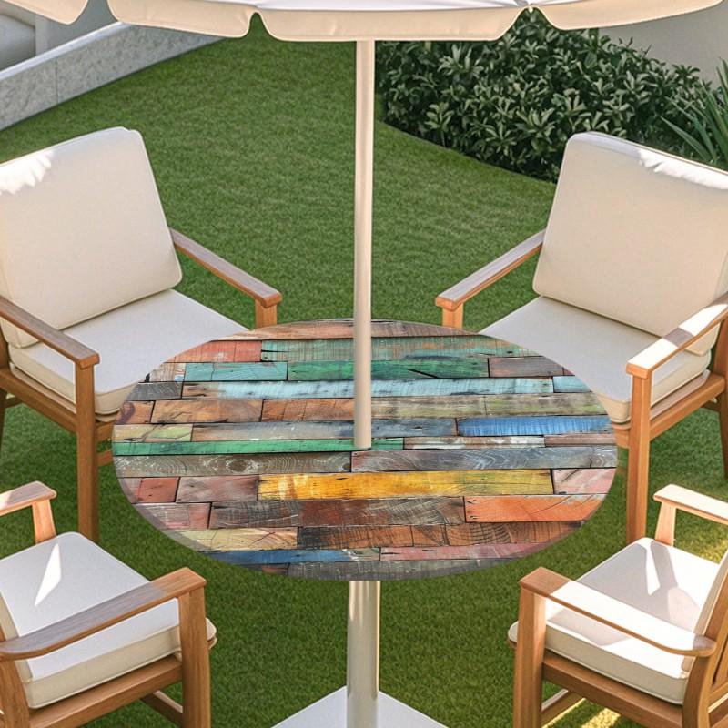 Copritavolo Rotondo da Esterno con Effetto Legno Impermeabile Orlo Elastico Per Patio Giardino Sala da Pranzo