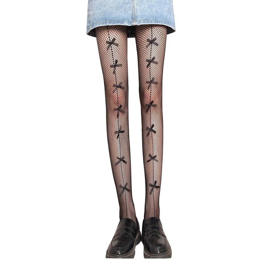 Fishnet Tights with Bow Pattern Seam Design Stretchy Sheer Pantyhose for Women Elastic Mesh Legwear Full Length Hosiery