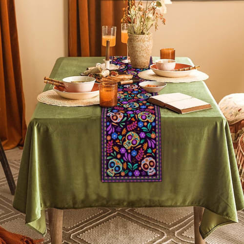 Mexican Skeleton Tablecloth - New Mexican Day of the Dead Table Runner, Mexican Sugar Skull Kitchen and Restaurant Decor, Rustic Linen Tablecloth, Mex