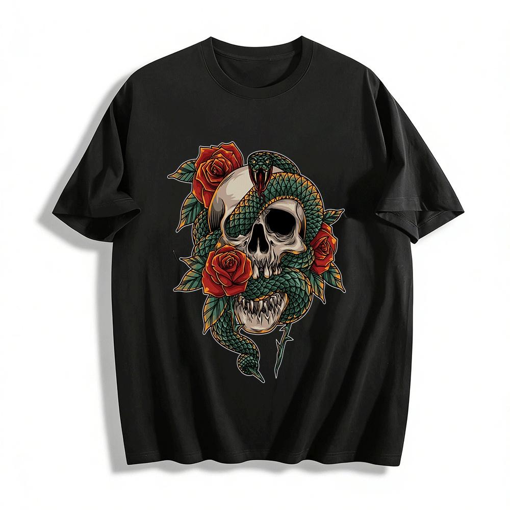 Skull Snake Rose Print Edgy Cool Casual Top Pure cotton T-shirt XXS