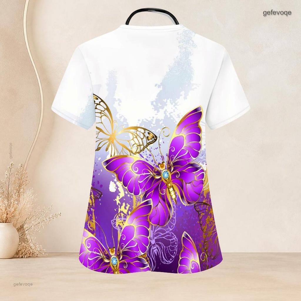 Women Plus Size Keyhole Neck Short Sleeve Printed Scrub Top With Front Pockets Black Gradient