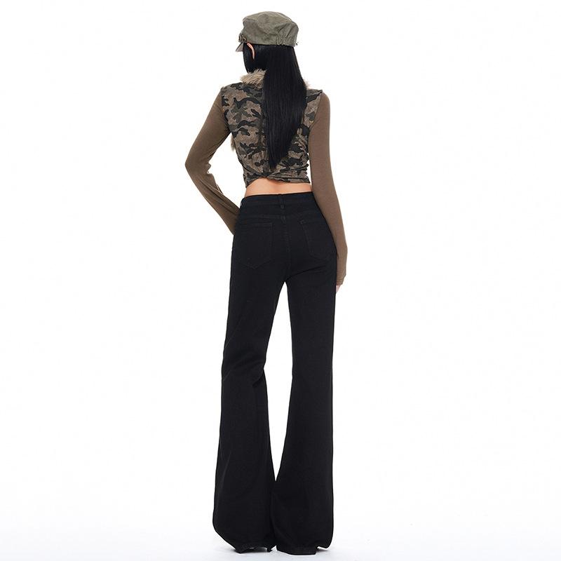 American black micro-pull jeans women's autumn new small high-waisted thin flared pants without sticking to the legs