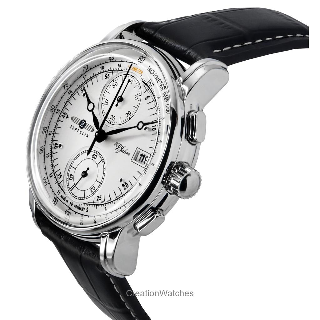 ZEPPELIN 100 Jahre Chronograph, Lederarmband, silbernes Zifferblatt, Quarz 86701, Herrenuhr