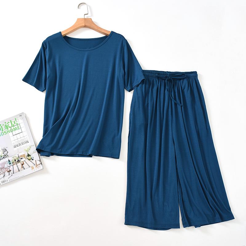 Damen Sommer Modal Pyjama Set - Kurzarm Oberteil & Caprihose, Tragbar im Freien, Übergröße