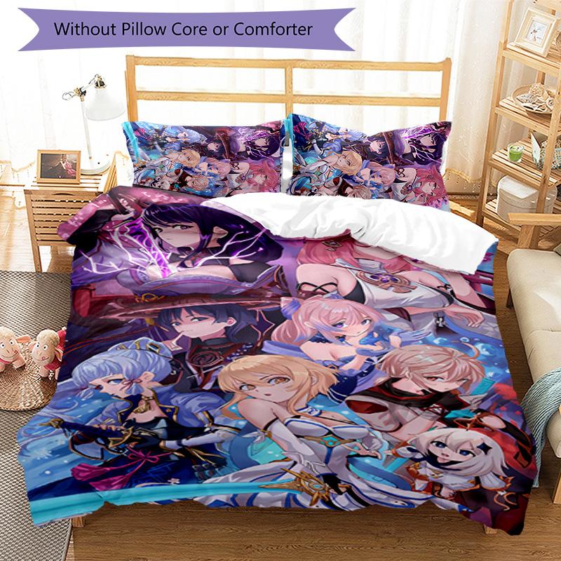 Set lenzuola con motivo personaggi Genshin Impact 3 pezzi set copripiumino include copripiumino e federe, decorazione camera da letto e regalo perfetti per tutte le stagioni
