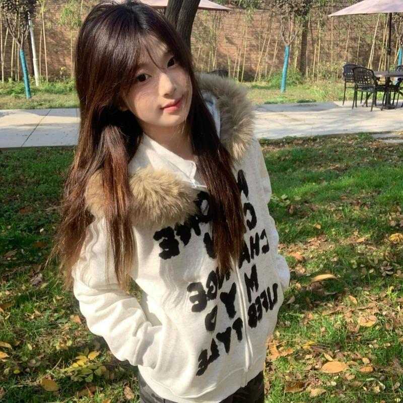 

American Retro Fur Collar Hooded Sweatshirt Jacket for Women Autumn and Winter Letter Print Zipper Cardigan Slim Fit Short Top S серый