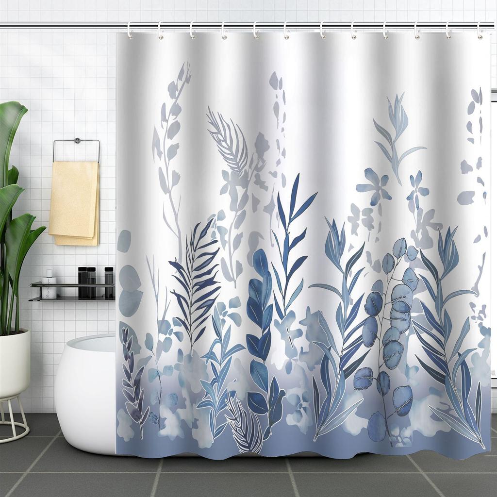 Green Plant Waterproof and Mildew-proof Polyester Bathroom Shower Curtain Shower Curtain Partition Curtain Free of Punching