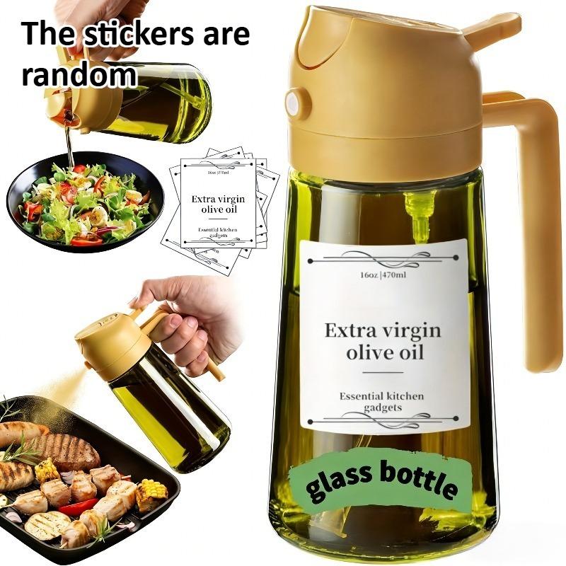 1pc 2-in-1 Olive Oil Dispenser & Sprayer, 16oz/470ml Dark Green Bottle, Durable Plastic with 6 Stickers, Kitchen Cooking Gadget