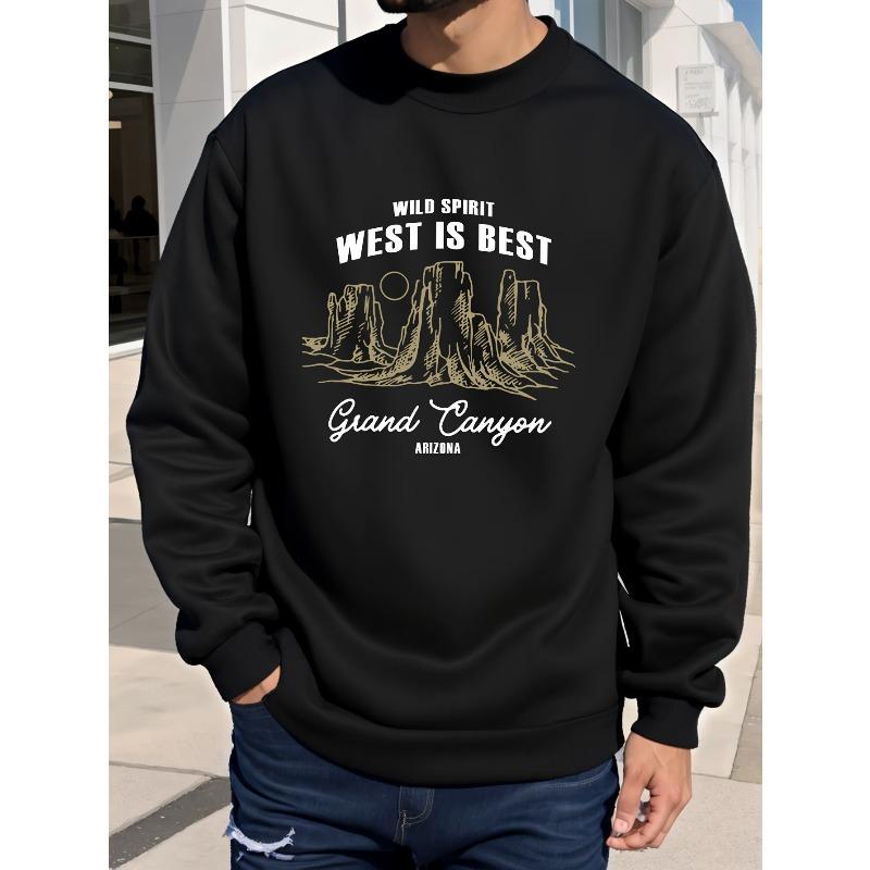 Men's Casual Canyon & Letter Print Long Sleeve Sweatshirt Comfy Polyester, Round Neck Pullover for Casual Attire