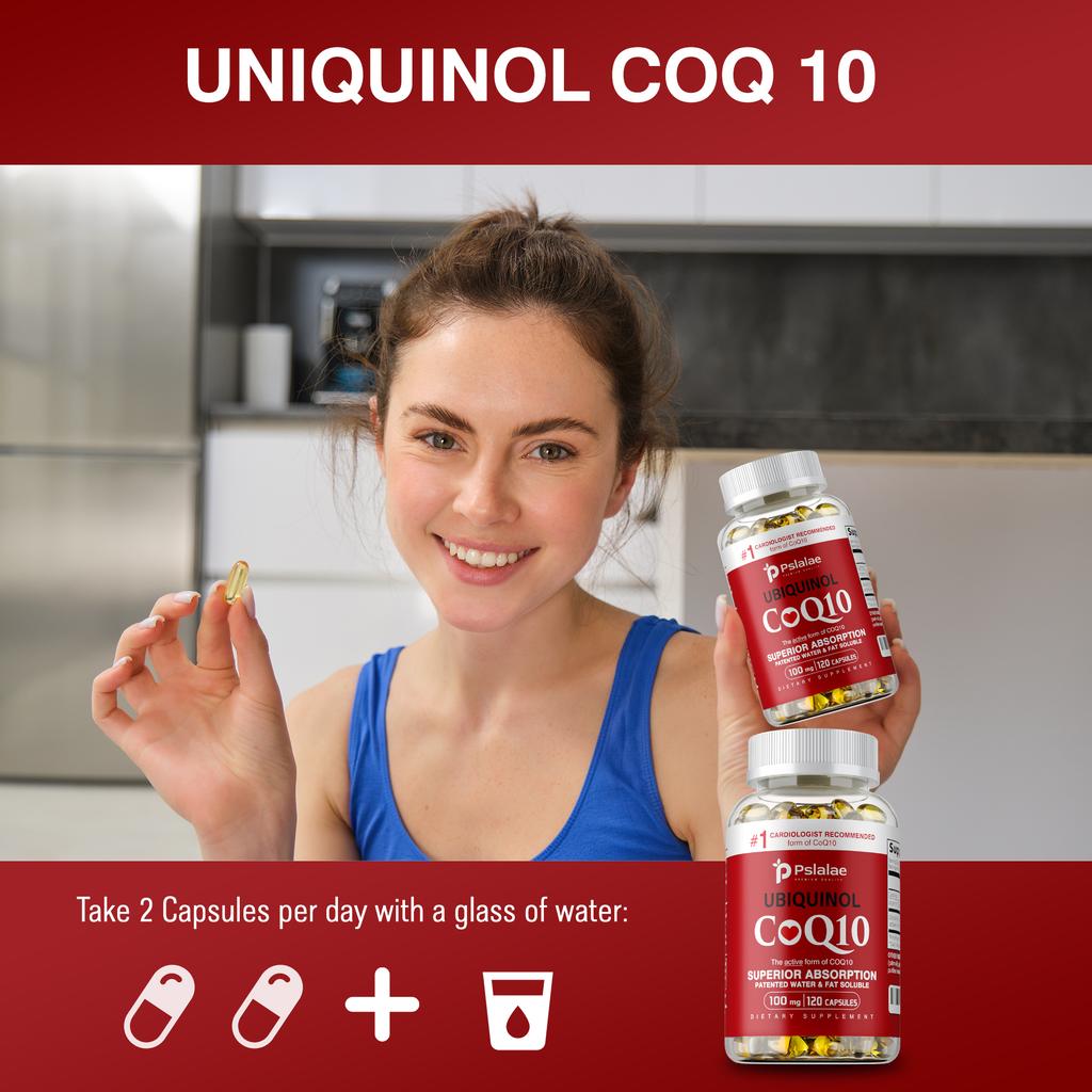 Pslalae Super Coenzima Q10 in Capsule Morbide, 100mg per dose, antiossidante, benefico per la salute del cuore e la produzione di energia.