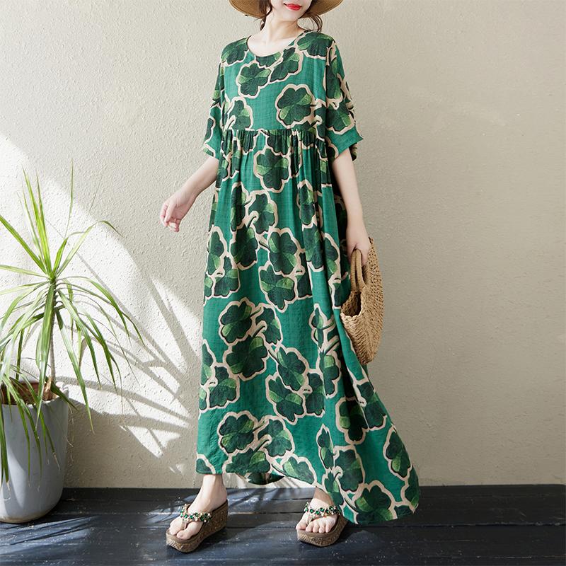 DIMANAF 2024 Plus Size Dress New Summer Basic Loose Women O-Neck Vintage Short Sleeve Big Size Beach Long Dress