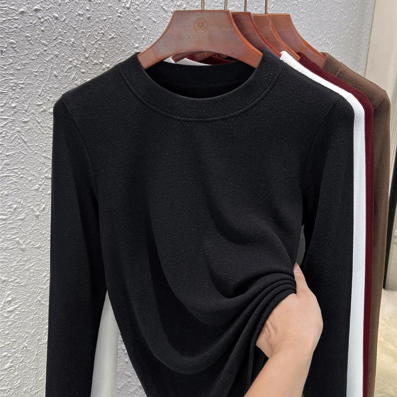 

Long-sleeved shirt for women s summer wear Merino wool round neck waist slim-fitting bottoming shirt XXL чёрный