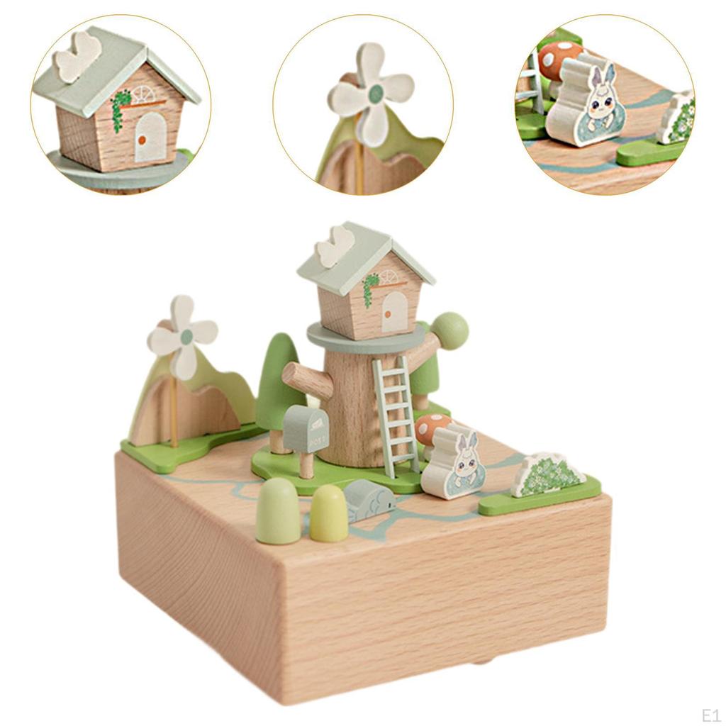 Wood House Musical Box Table Centerpiece Crafts Collectible Home Decoration Accessories Desktop