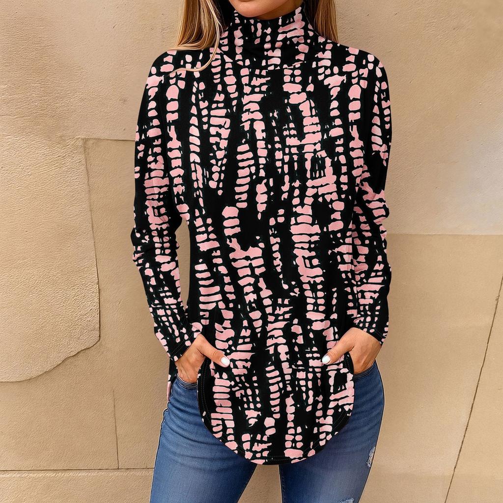 Tee Shirts For Women Fall Casual Long Sleeve Shirts Sweatshirt Vintage Printed High Neck Top Pullover