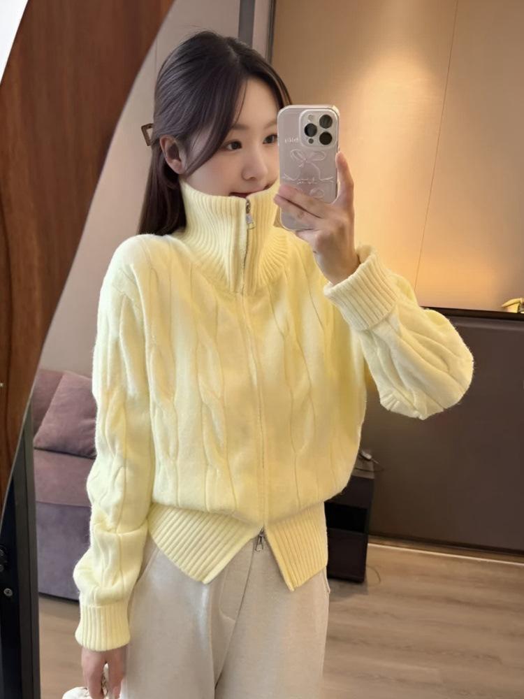 Soft waxy zipper turtleneck twist cardigan sweater autumn and winter super good-looking milk fufu knitted jacket women