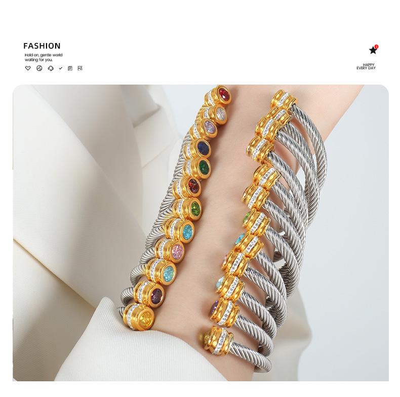 Titanium Steel Multi-Color Zirconia Open Bangle - Cross-Border Stainless Steel Hand Ornament