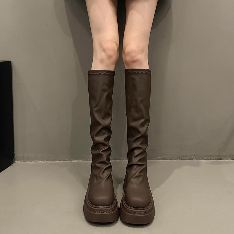 

Новый стиль длинные сапоги, высокие сапоги, длинные сапоги до середины икры, женская обувь на толстой подошве с добавлением флиса 40 коричневый
