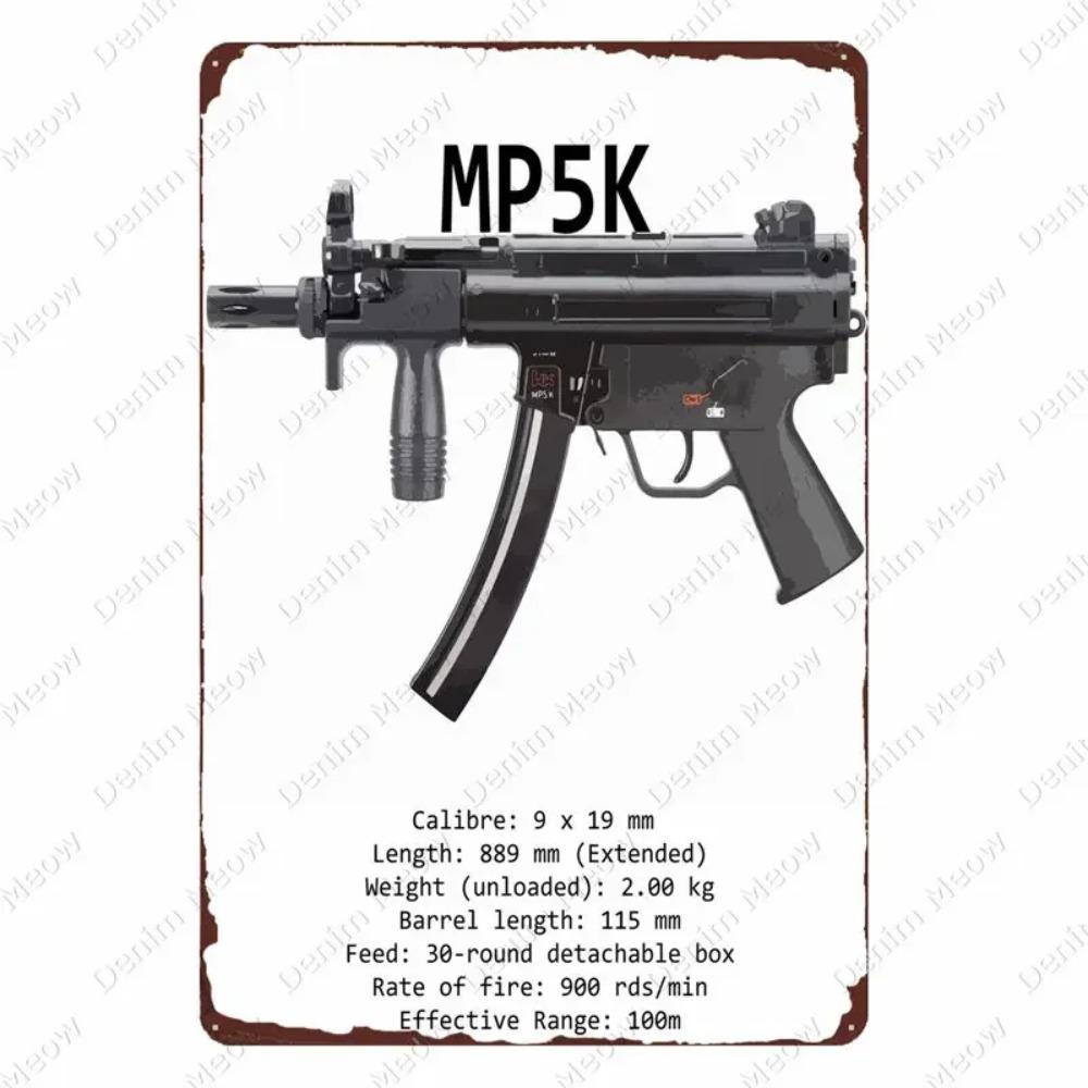 Plaque Métallique Vintage Uzi - Plaque Étain Pistolet Fusil, Décoration pour Fans Militaires Bar Club Café Pièce, Peinture Art Mural